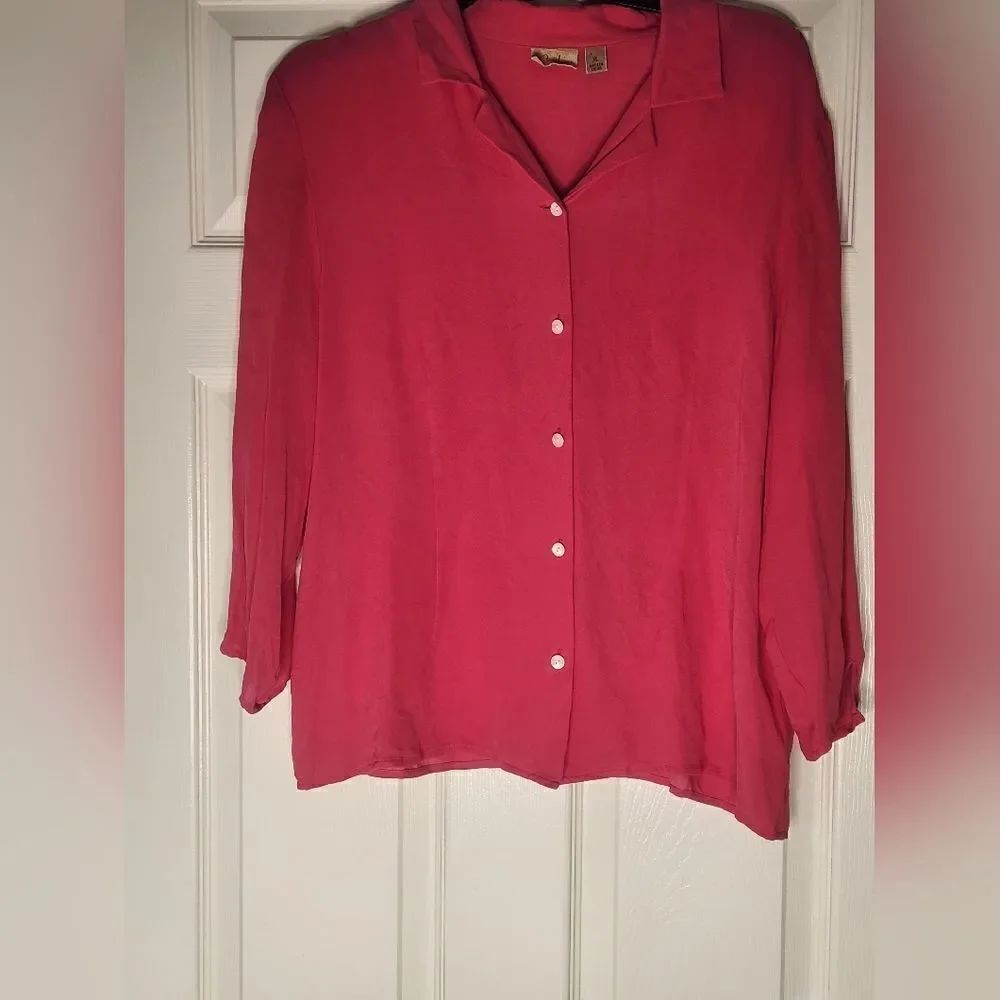 Caslon XL Fiery Rose Pink 100% SILK 3/4 Sleeve Buttons Up Women’s Shirt Blouse